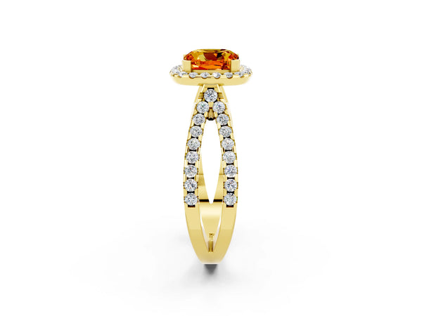 Yellow gold Cushion Cut Citrine Halo Ring with Split Shank Pavé Band and Prong Setting