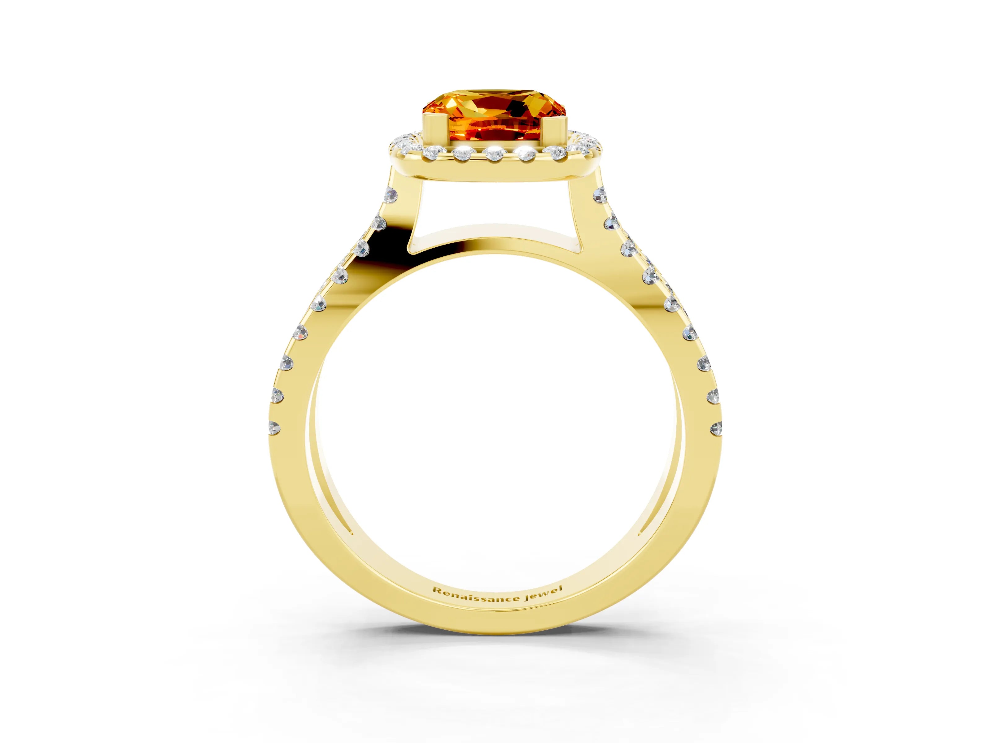 Yellow gold Cushion Cut Citrine Halo Ring with Split Shank Pavé Band and Prong Setting_3