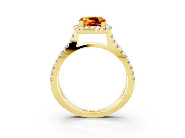 Yellow gold Cushion Cut Citrine Halo Ring with Split Shank Pavé Band and Prong Setting