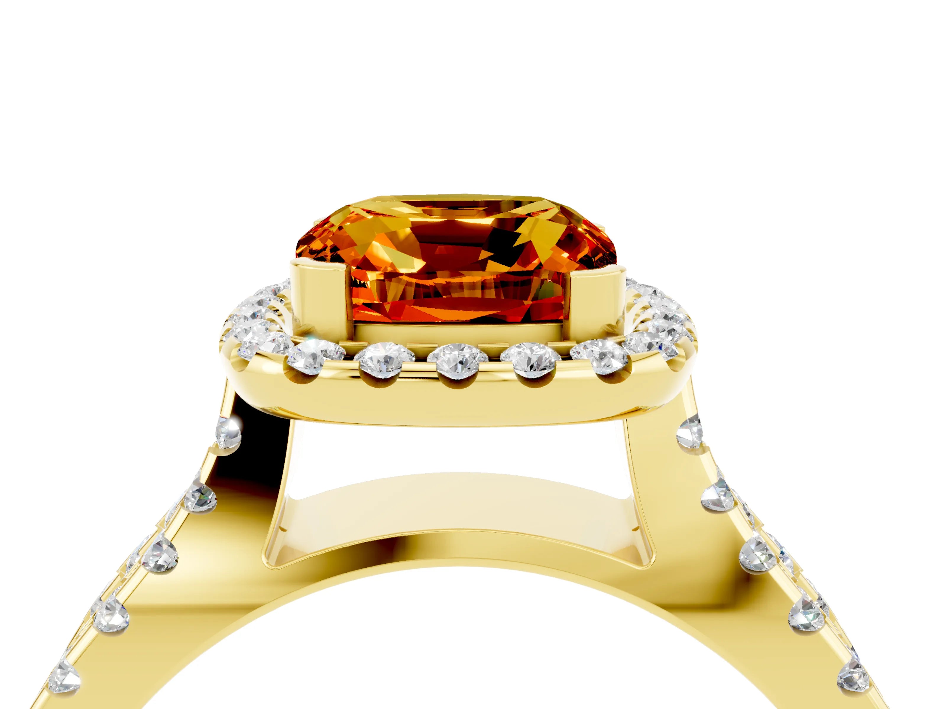 Yellow gold Cushion Cut Citrine Halo Ring with Split Shank Pavé Band and Prong Setting_4
