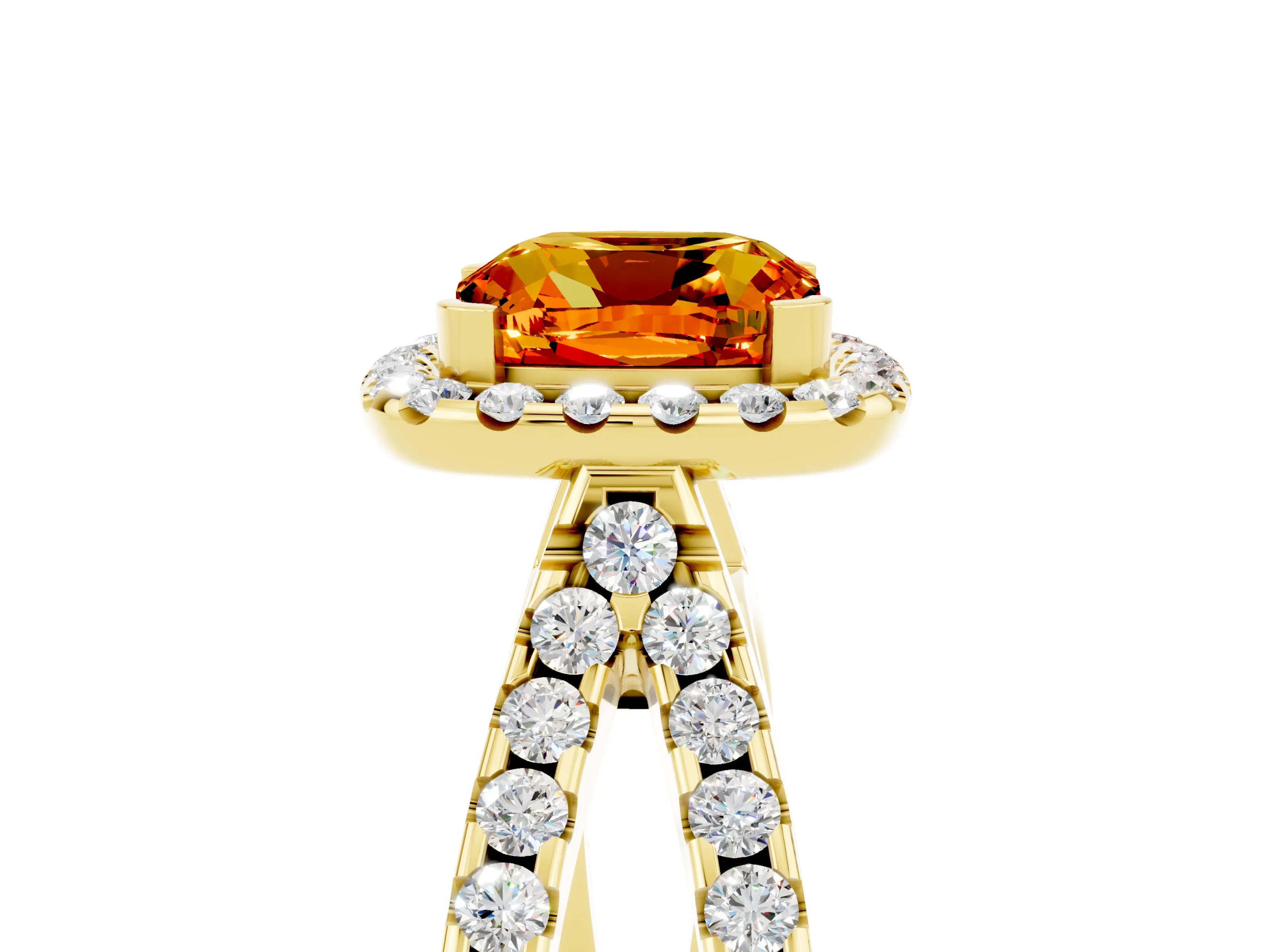 Yellow gold Cushion Cut Citrine Halo Ring with Split Shank Pavé Band and Prong Setting_5