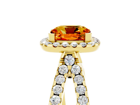 Yellow gold Cushion Cut Citrine Halo Ring with Split Shank Pavé Band and Prong Setting_5