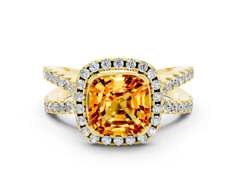 Yellow gold Cushion Cut Citrine Halo Ring with Split Shank Pavé Band and Prong Setting