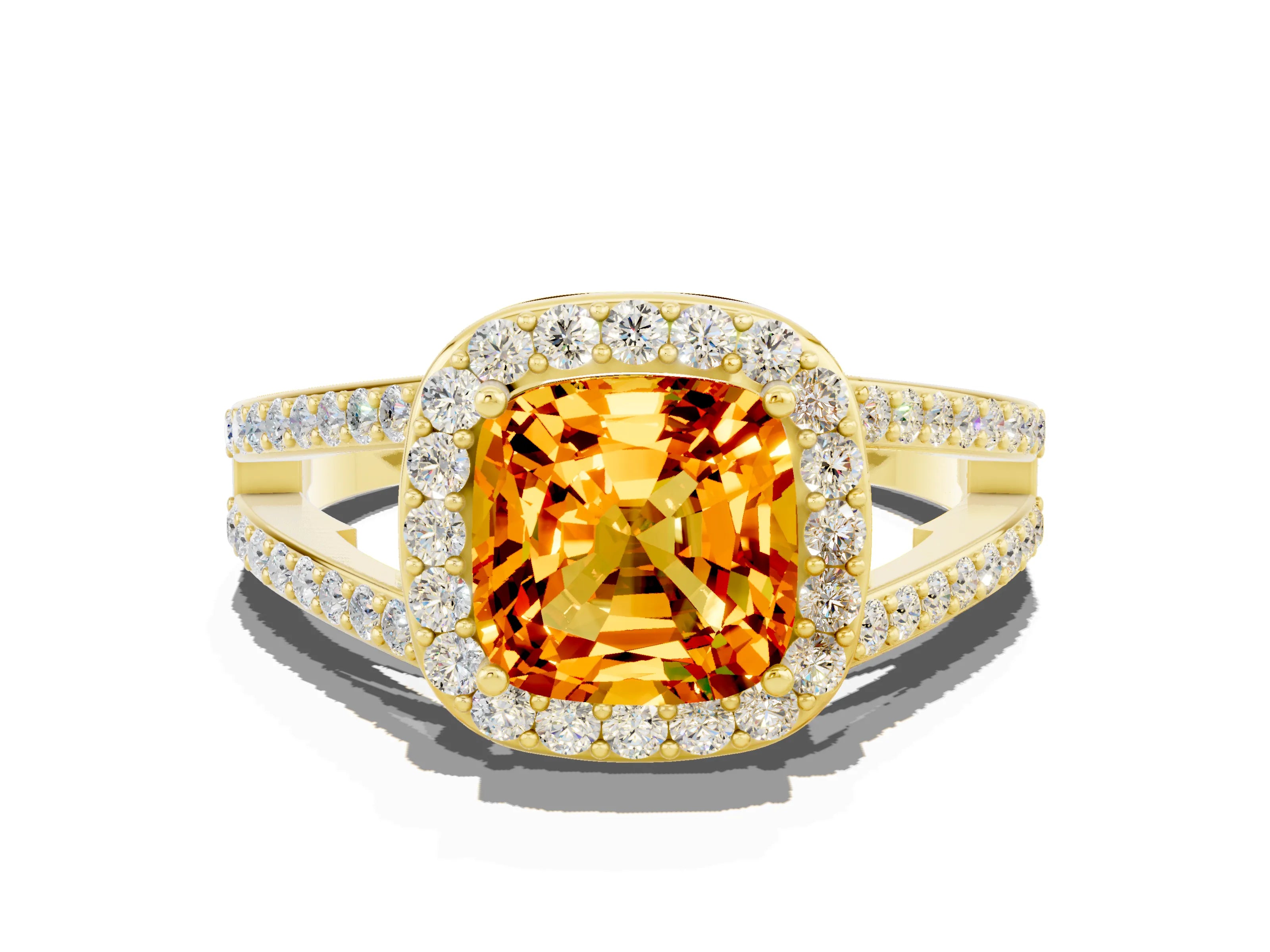 Yellow gold Cushion Cut Citrine Halo Ring with Split Shank U-Prong Band and Four-Prong Setting