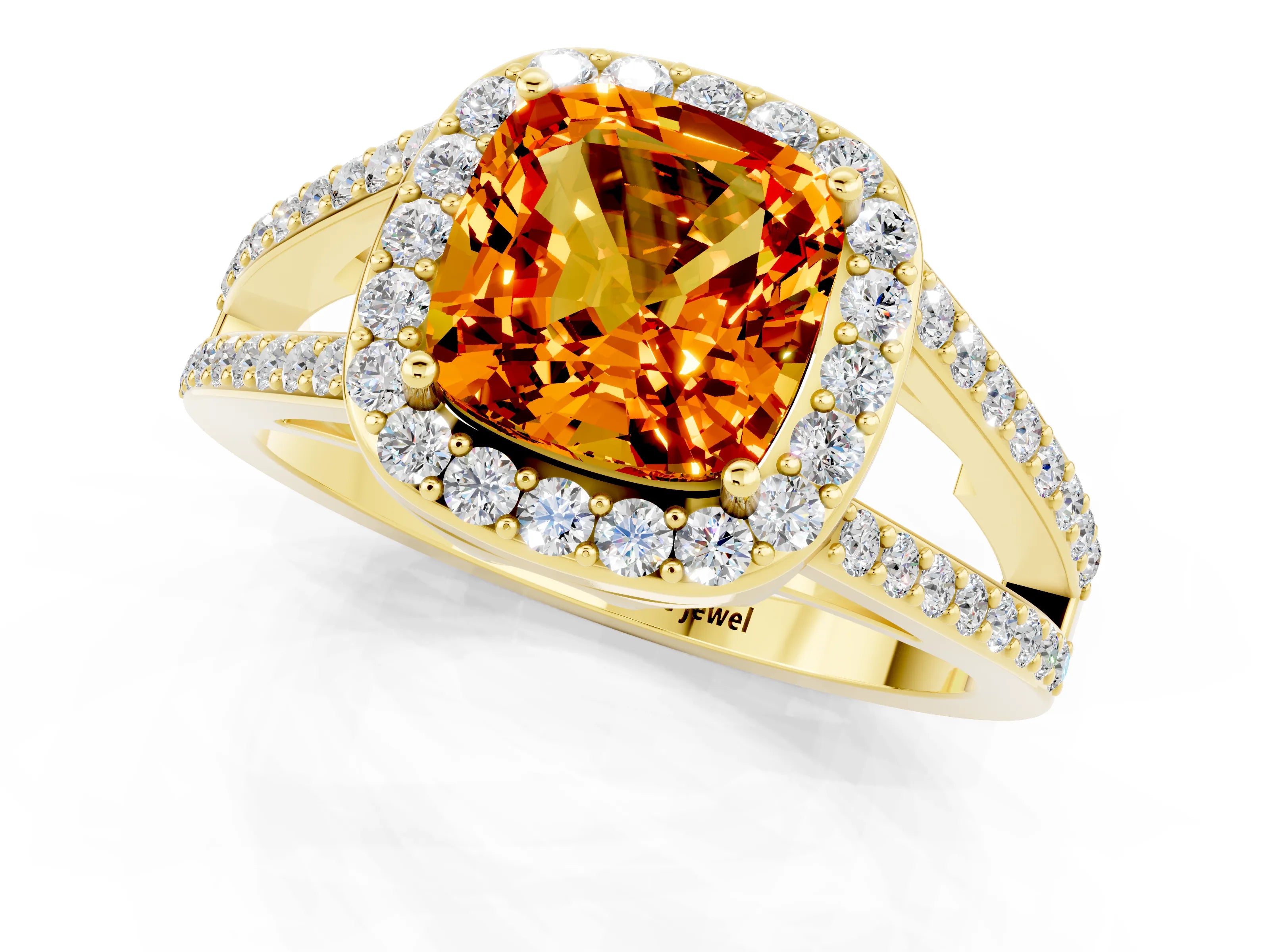 Yellow gold Cushion Cut Citrine Halo Ring with Split Shank U-Prong Band and Four-Prong Setting_1