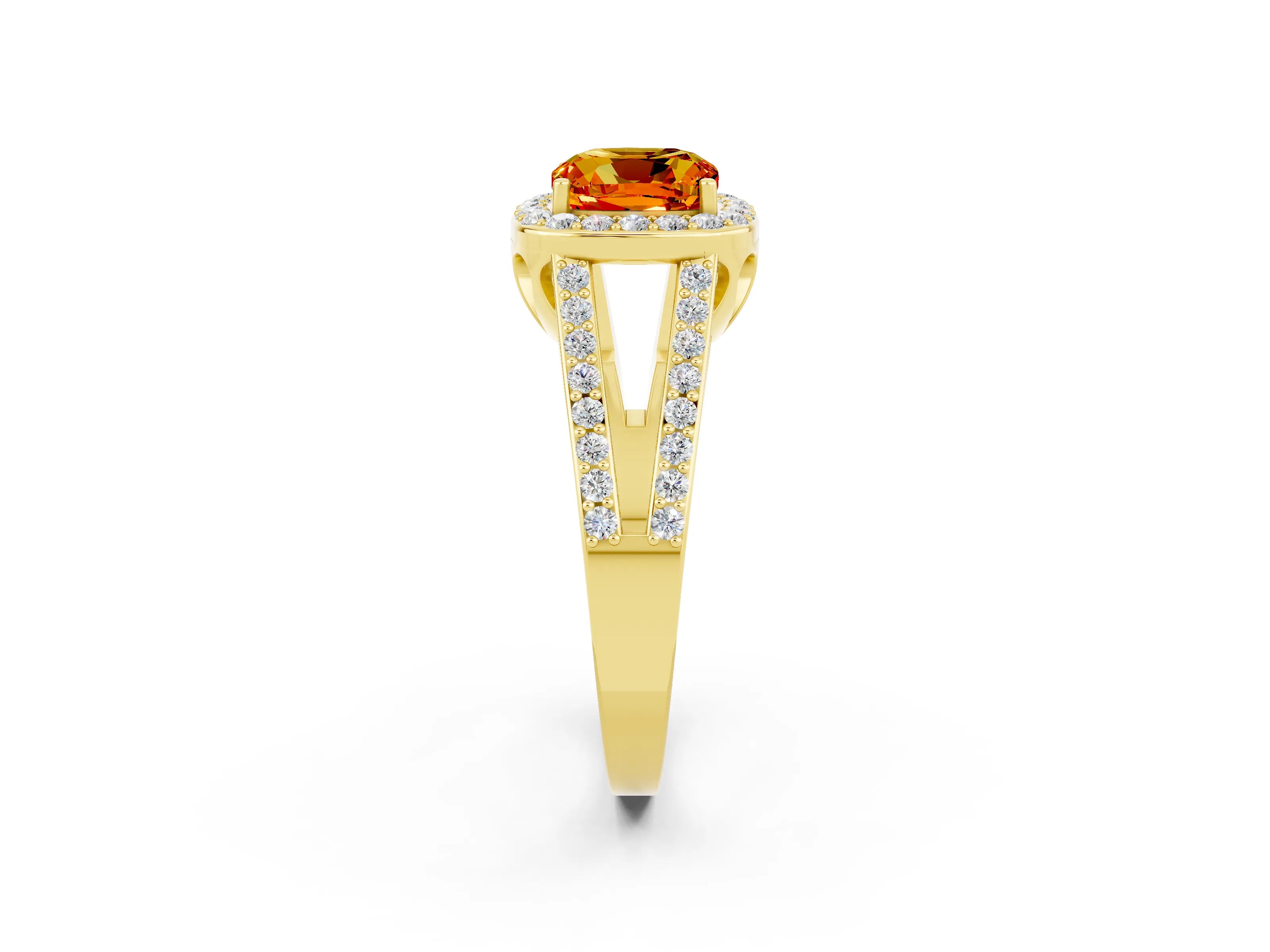 Yellow gold Cushion Cut Citrine Halo Ring with Split Shank U-Prong Band and Four-Prong Setting_2