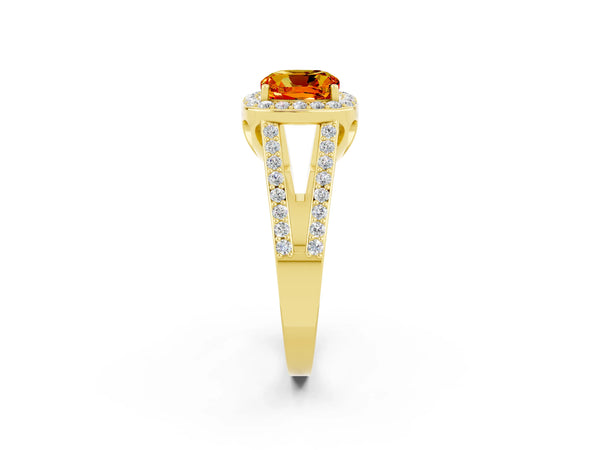 Yellow gold Cushion Cut Citrine Halo Ring with Split Shank U-Prong Band and Four-Prong Setting