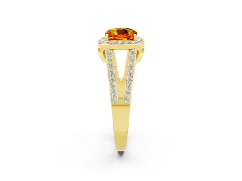Yellow gold Cushion Cut Citrine Halo Ring with Split Shank U-Prong Band and Four-Prong Setting_2