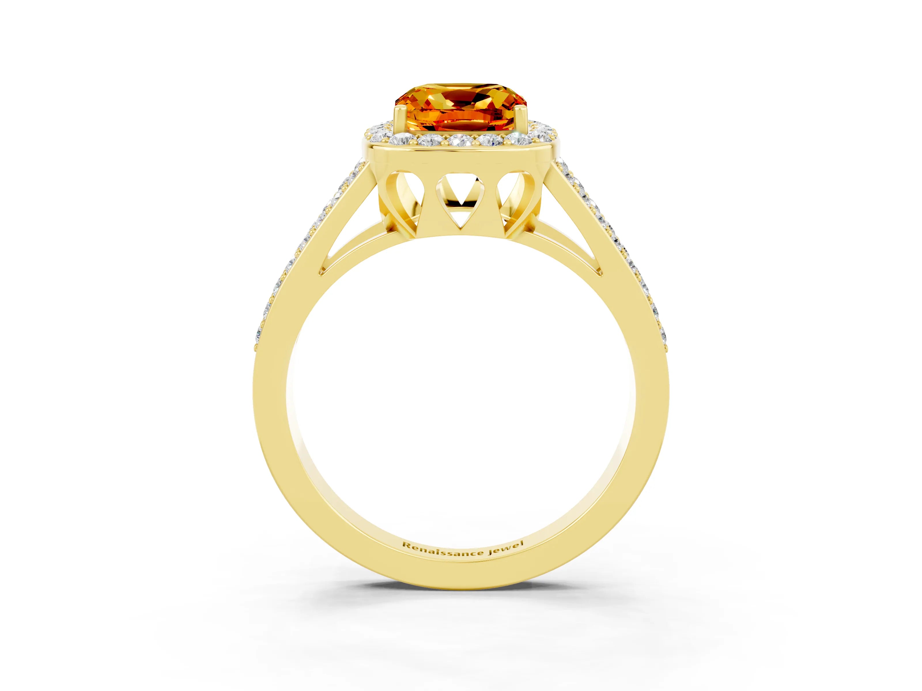 Yellow gold Cushion Cut Citrine Halo Ring with Split Shank U-Prong Band and Four-Prong Setting_3