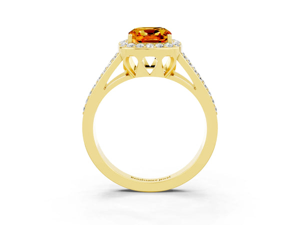Yellow gold Cushion Cut Citrine Halo Ring with Split Shank U-Prong Band and Four-Prong Setting
