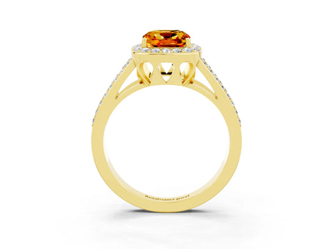 Yellow gold Cushion Cut Citrine Halo Ring with Split Shank U-Prong Band and Four-Prong Setting_3