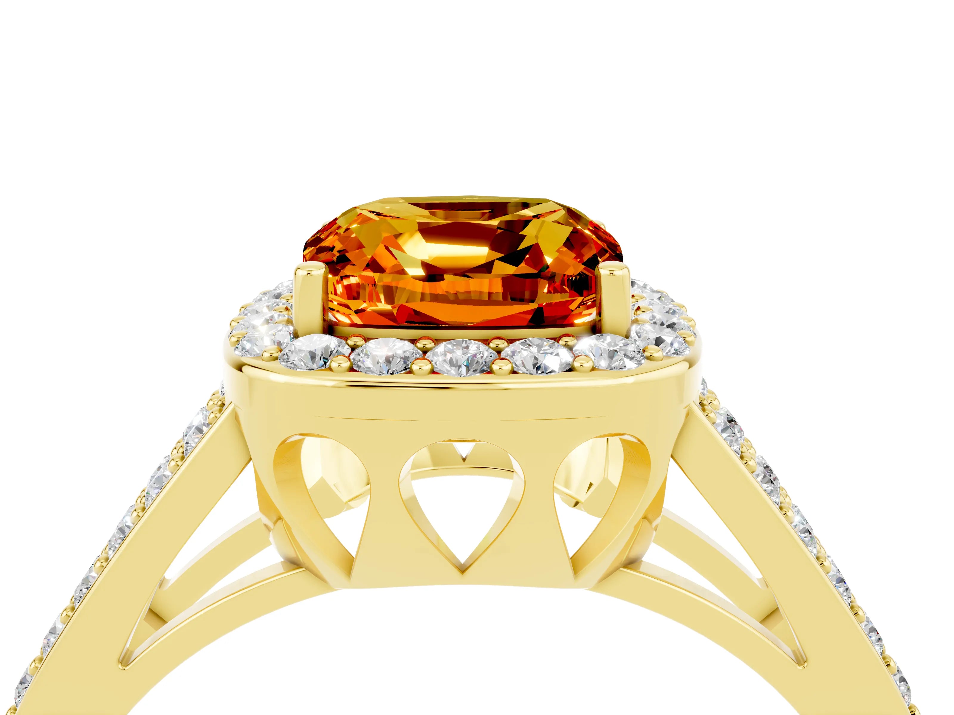 Yellow gold Cushion Cut Citrine Halo Ring with Split Shank U-Prong Band and Four-Prong Setting_4