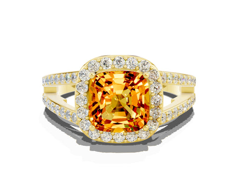 Yellow gold Cushion Cut Citrine Halo Ring with Split Shank U-Prong Band and Four-Prong Setting