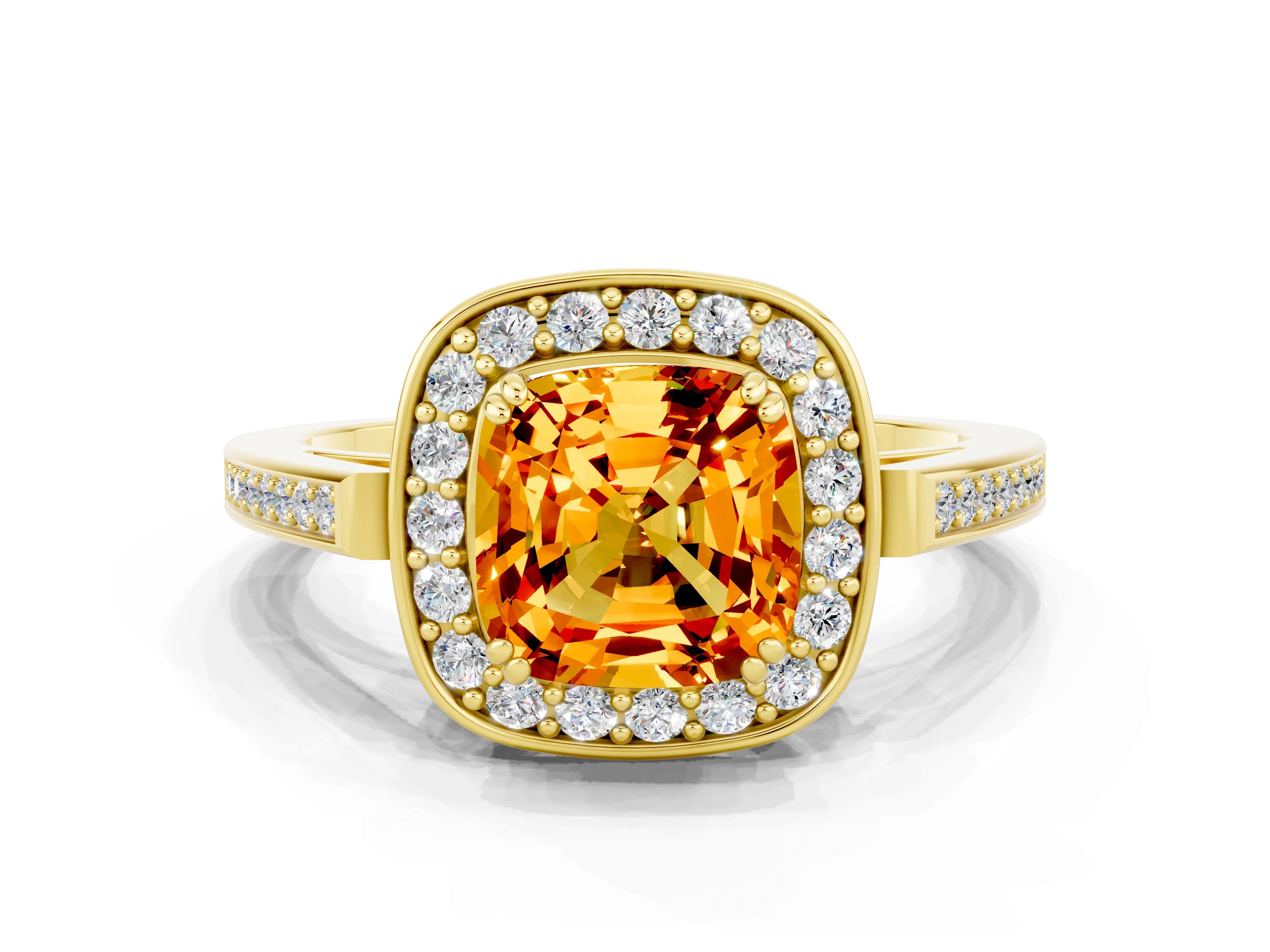 Yellow gold Cushion Cut Citrine Halo Ring with Split Shank and Four-Prong Setting_20