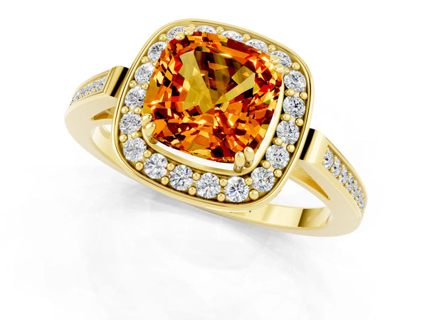 Yellow gold Cushion Cut Citrine Halo Ring with Split Shank and Four-Prong Setting