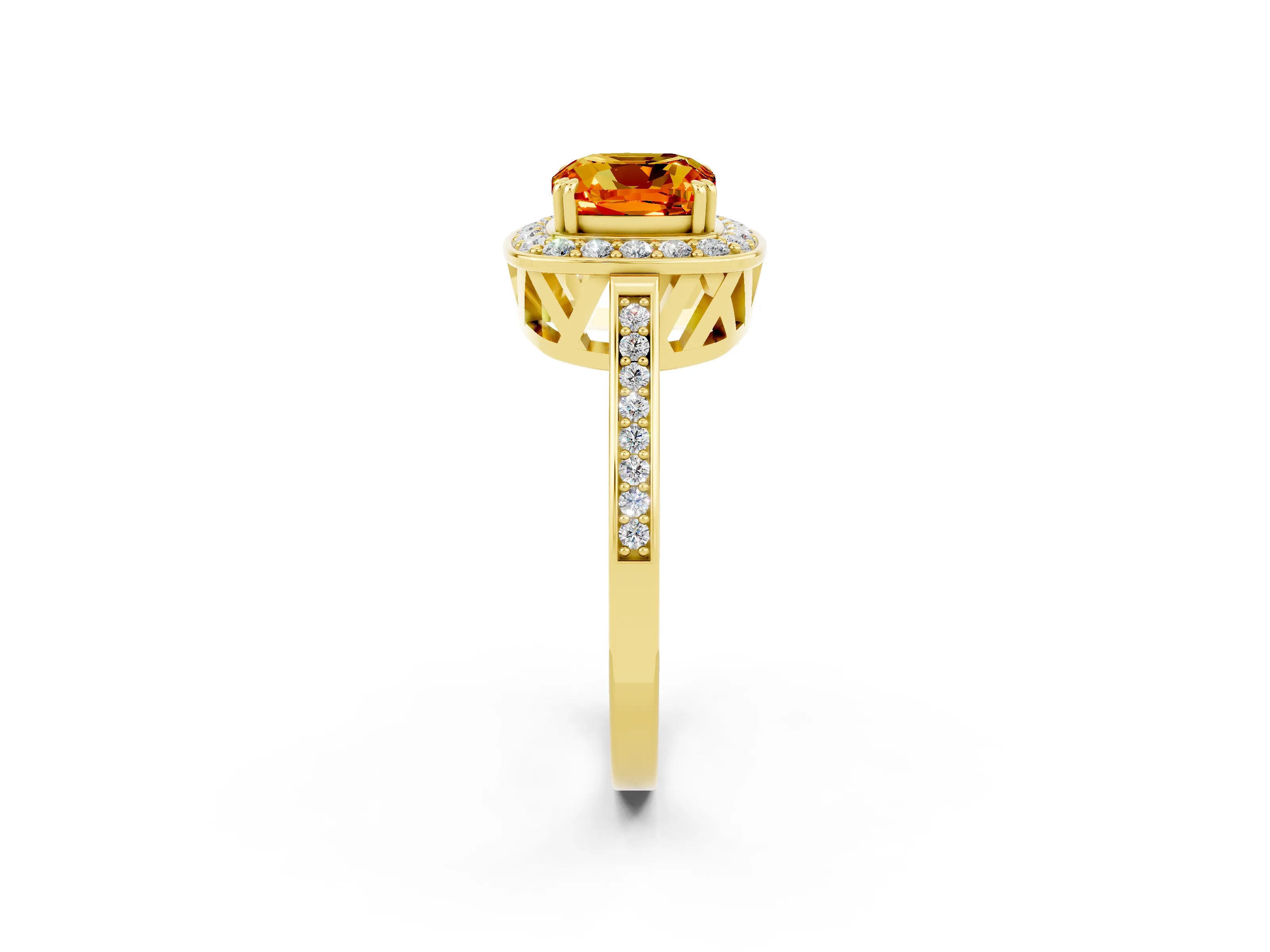 Yellow gold Cushion Cut Citrine Halo Ring with Split Shank and Four-Prong Setting_22
