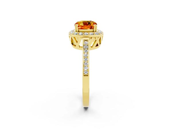 Yellow gold Cushion Cut Citrine Halo Ring with Split Shank and Four-Prong Setting