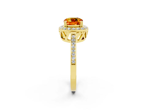 Yellow gold Cushion Cut Citrine Halo Ring with Split Shank and Four-Prong Setting_22