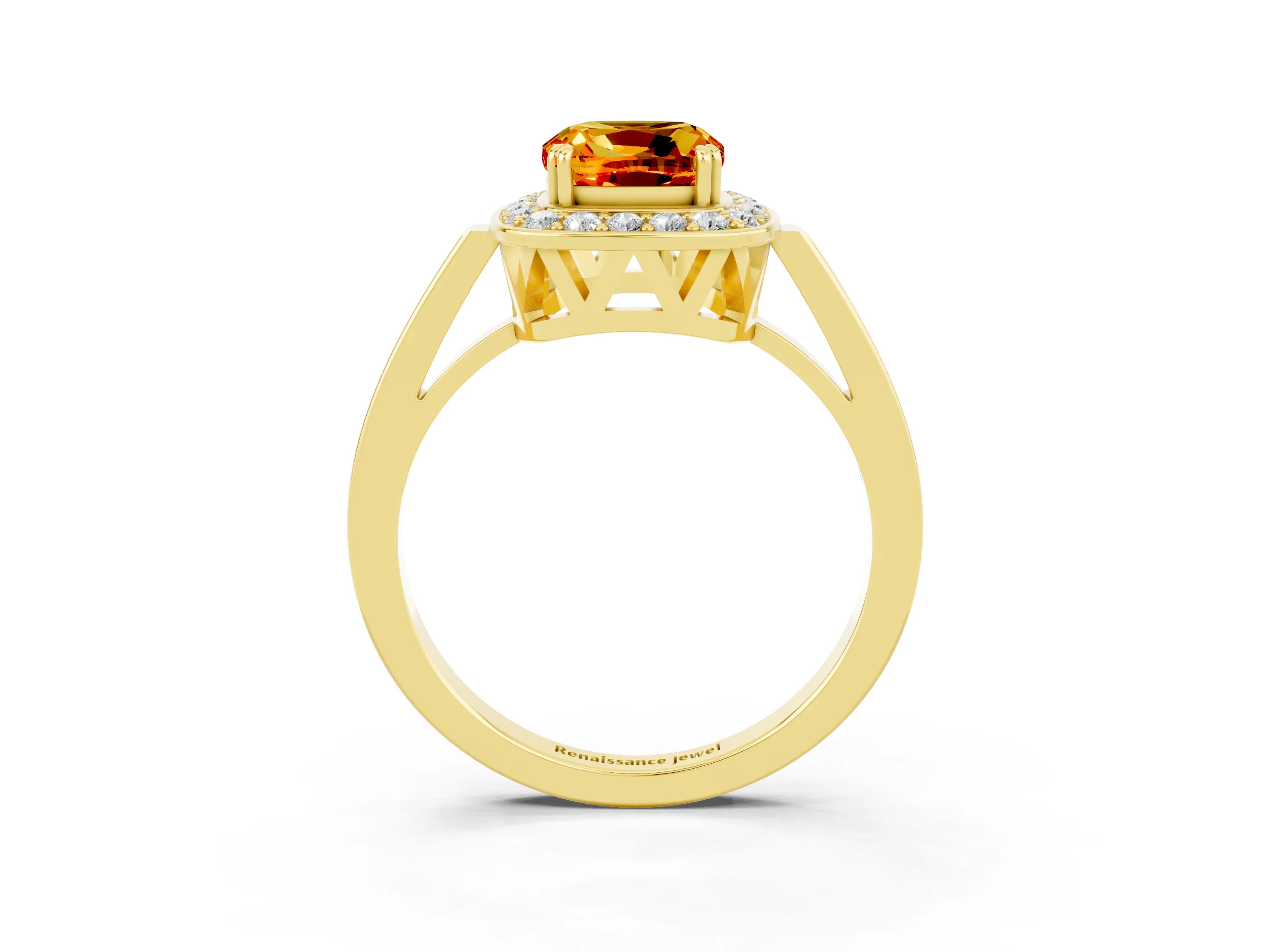 Yellow gold Cushion Cut Citrine Halo Ring with Split Shank and Four-Prong Setting_23