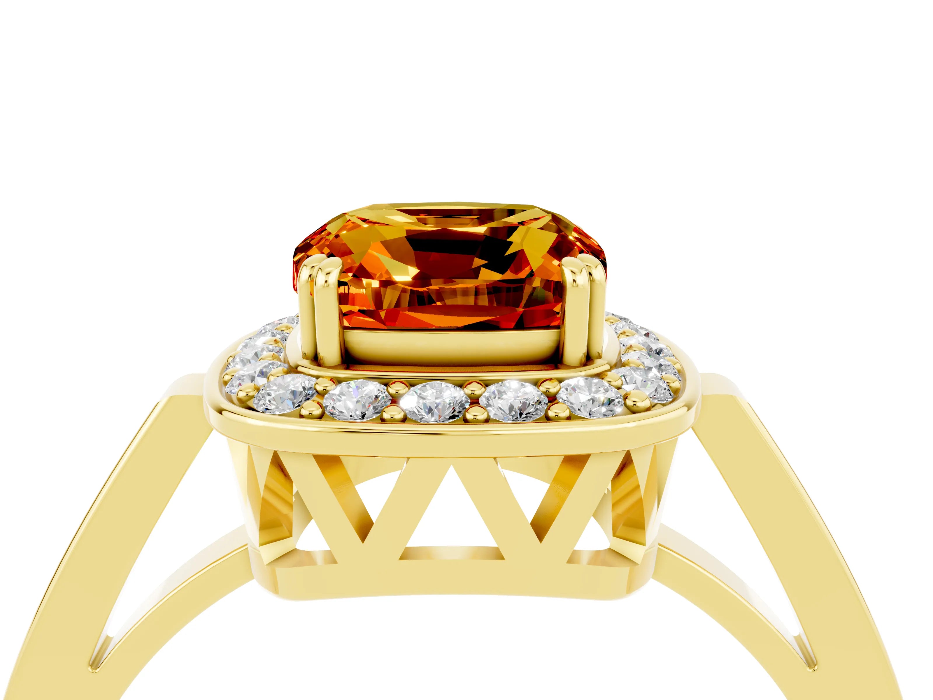 Yellow gold Cushion Cut Citrine Halo Ring with Split Shank and Four-Prong Setting_24