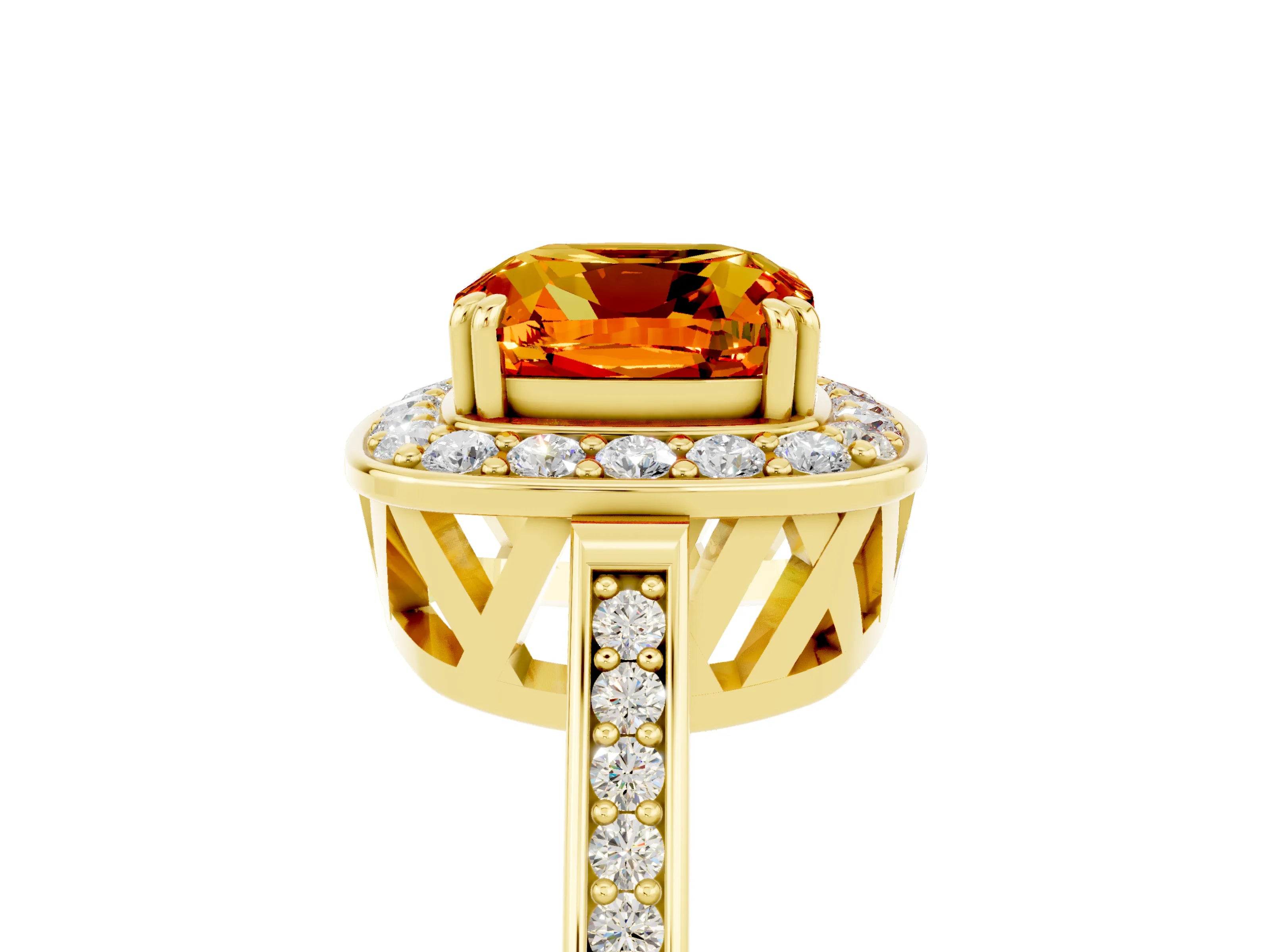 Yellow gold Cushion Cut Citrine Halo Ring with Split Shank and Four-Prong Setting_25