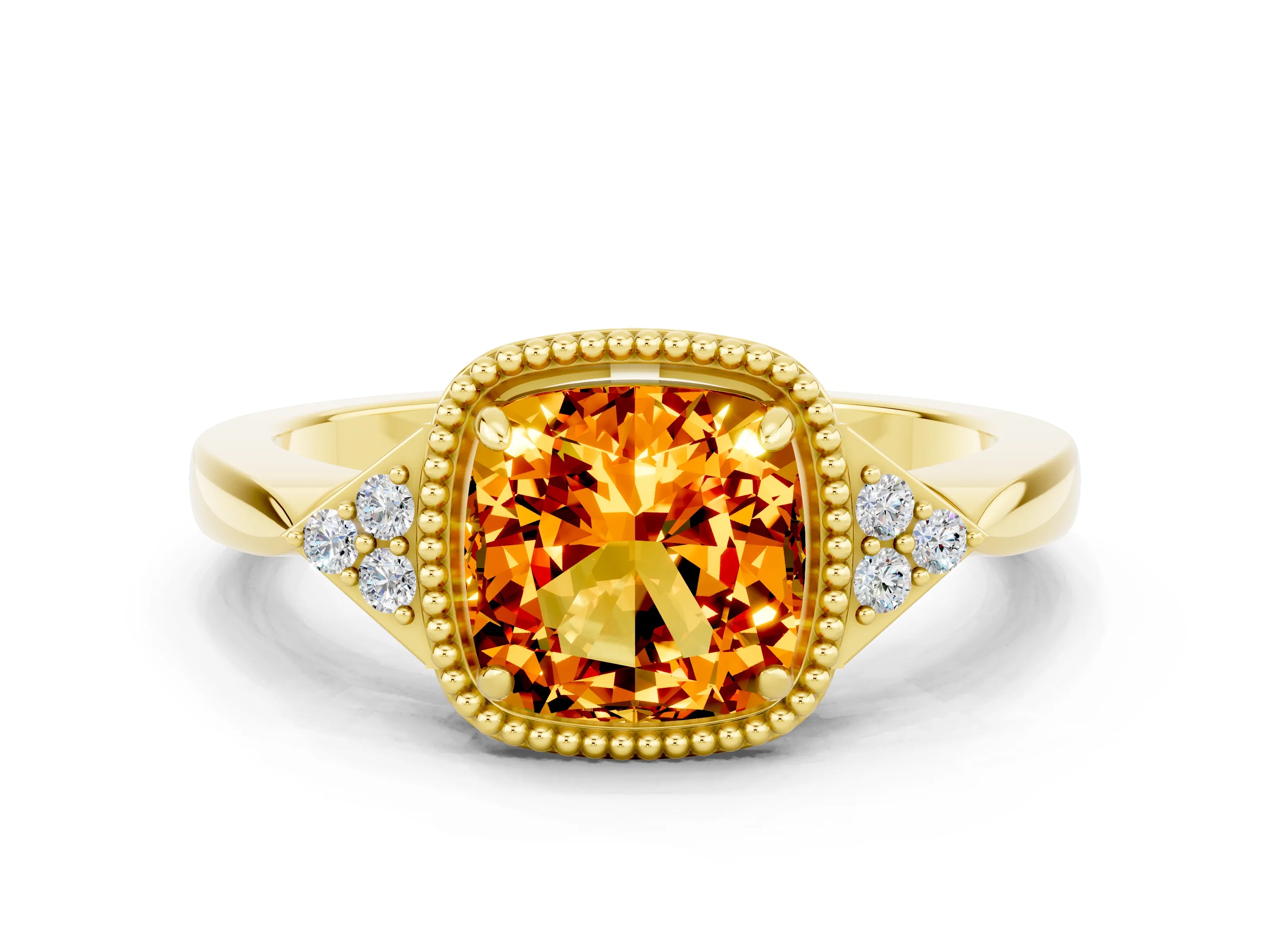 Yellow gold Cushion Cut Citrine Halo Ring with Tapered Band and Four-Prong Setting