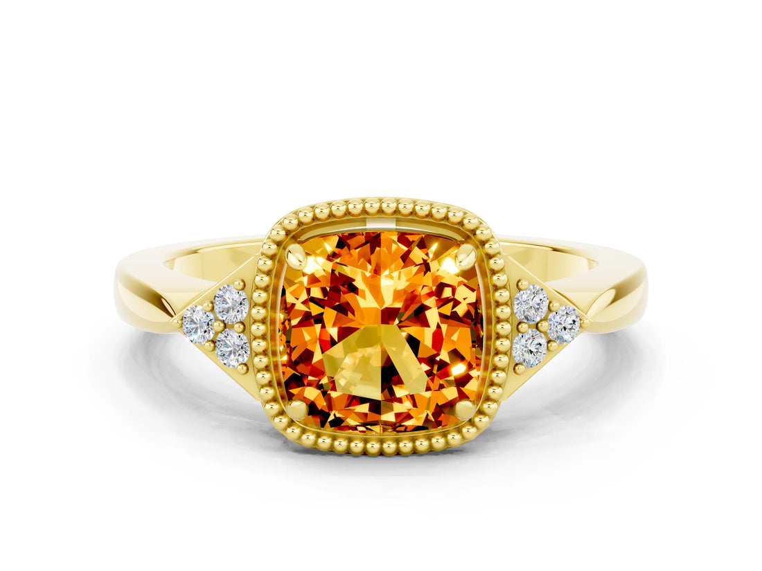 Yellow gold Cushion Cut Citrine Halo Ring with Tapered Band and Four-Prong Setting