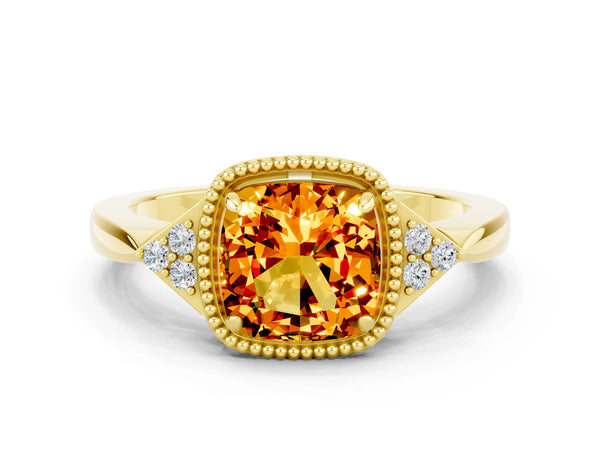 Yellow gold Cushion Cut Citrine Halo Ring with Tapered Band and Four-Prong Setting