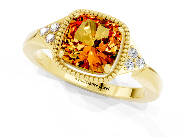 Yellow gold Cushion Cut Citrine Halo Ring with Tapered Band and Four-Prong Setting