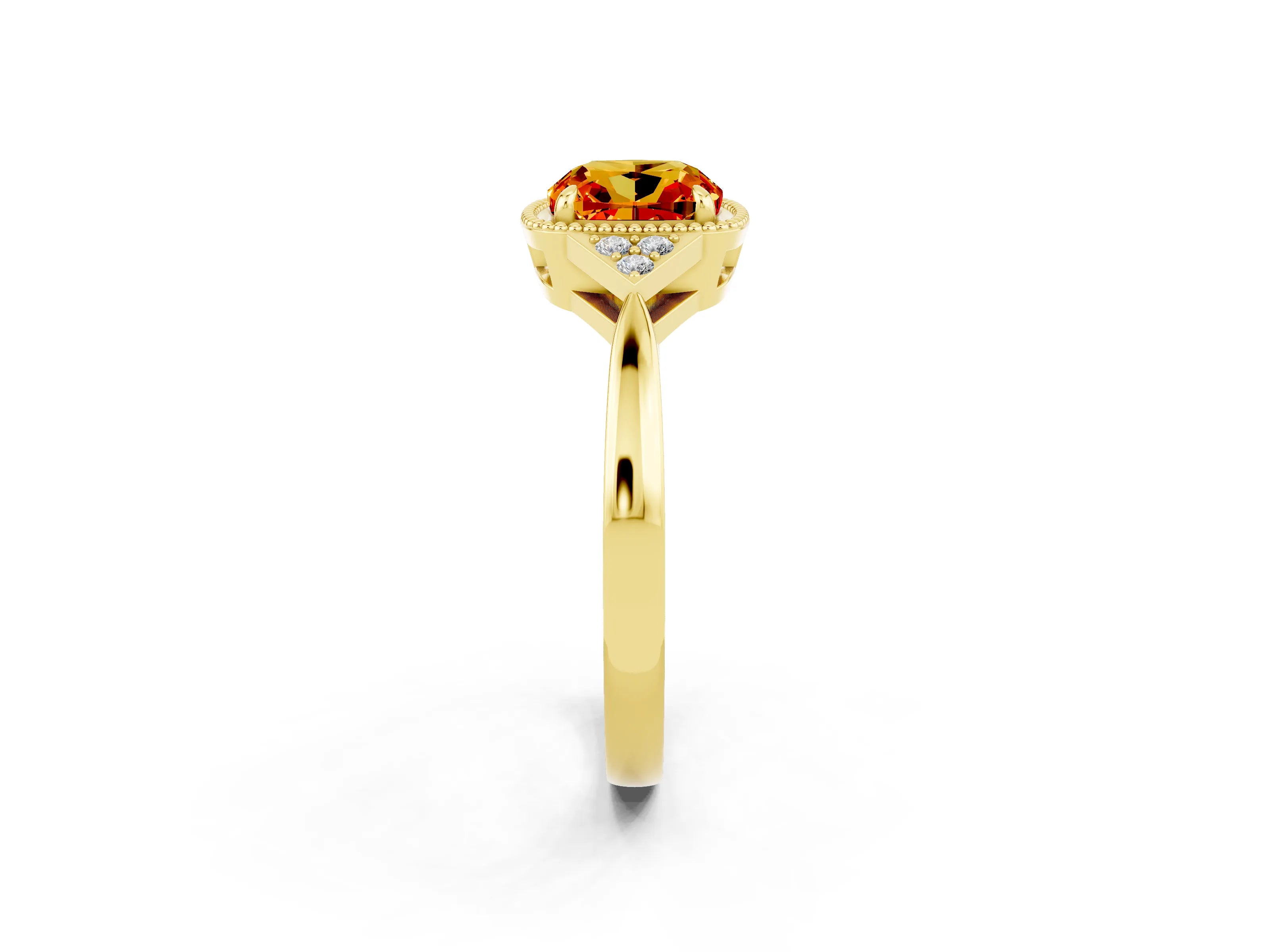 Yellow gold Cushion Cut Citrine Halo Ring with Tapered Band and Four-Prong Setting_2