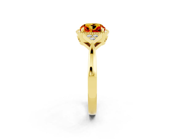 Yellow gold Cushion Cut Citrine Halo Ring with Tapered Band and Four-Prong Setting