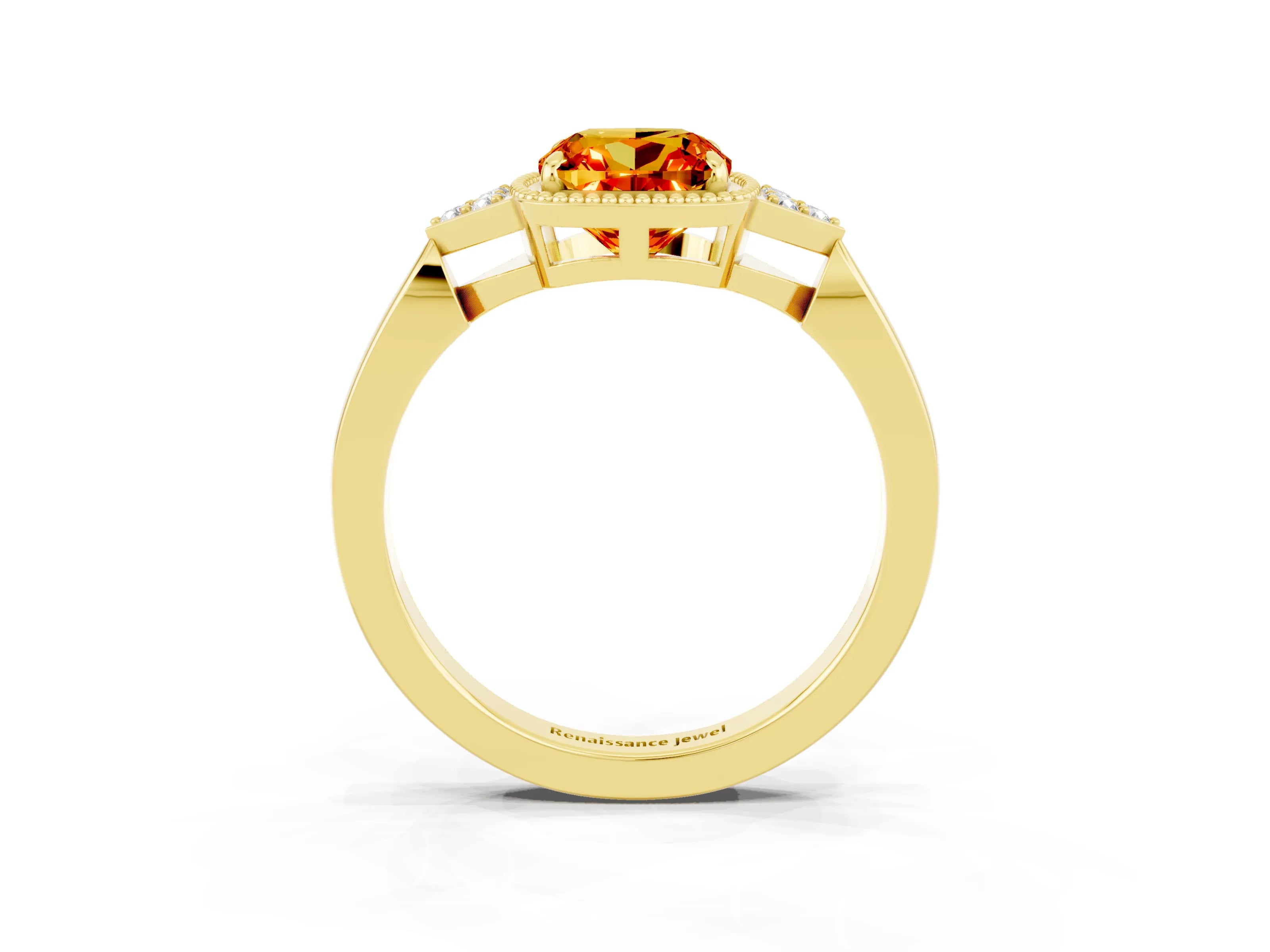 Yellow gold Cushion Cut Citrine Halo Ring with Tapered Band and Four-Prong Setting_3
