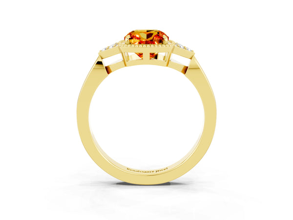 Yellow gold Cushion Cut Citrine Halo Ring with Tapered Band and Four-Prong Setting