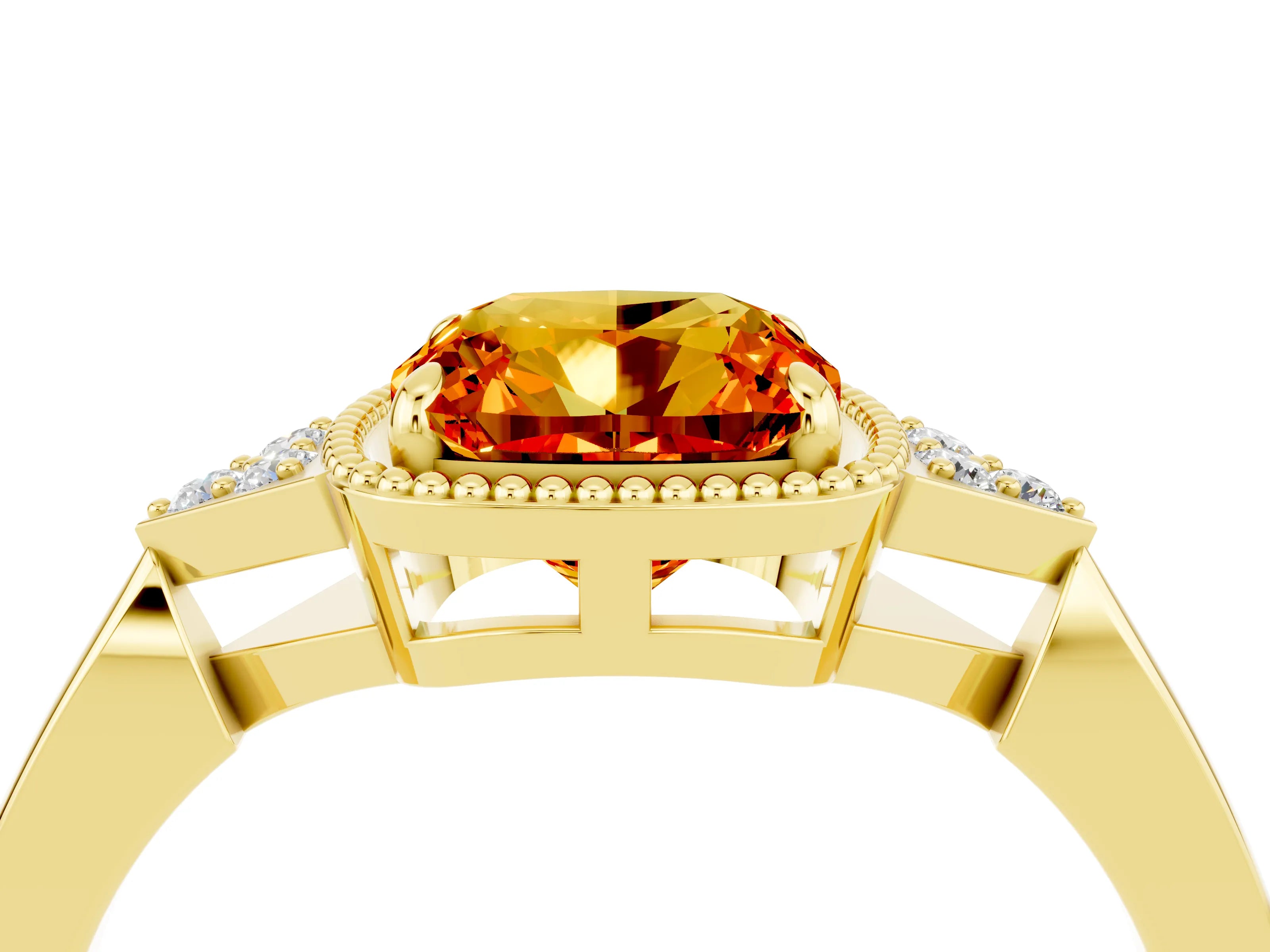 Yellow gold Cushion Cut Citrine Halo Ring with Tapered Band and Four-Prong Setting_4