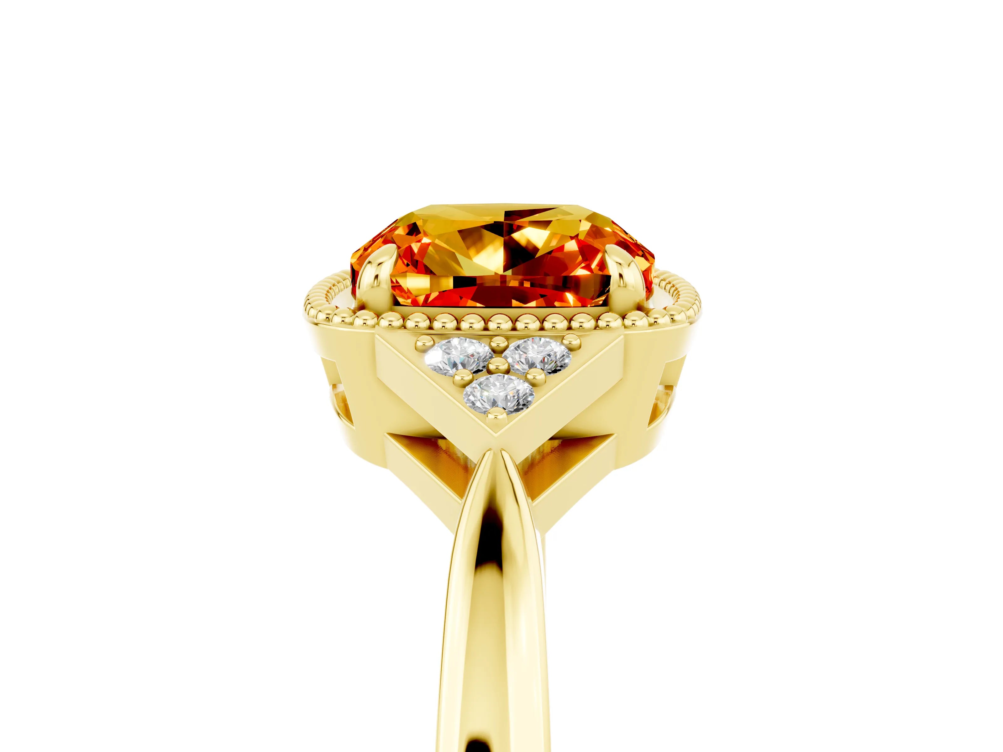 Yellow gold Cushion Cut Citrine Halo Ring with Tapered Band and Four-Prong Setting_5