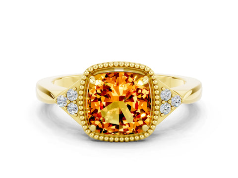 Yellow gold Cushion Cut Citrine Halo Ring with Tapered Band and Four-Prong Setting