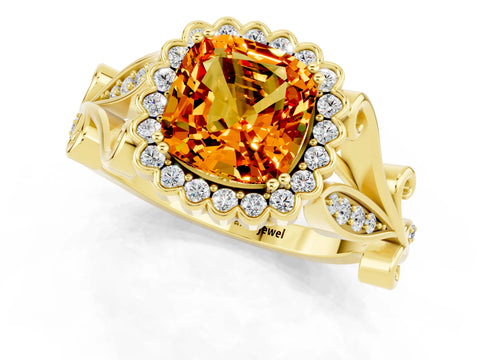 Yellow gold Cushion Cut Citrine Halo Ring with Vintage Split Shank and Four-Prong Setting_1