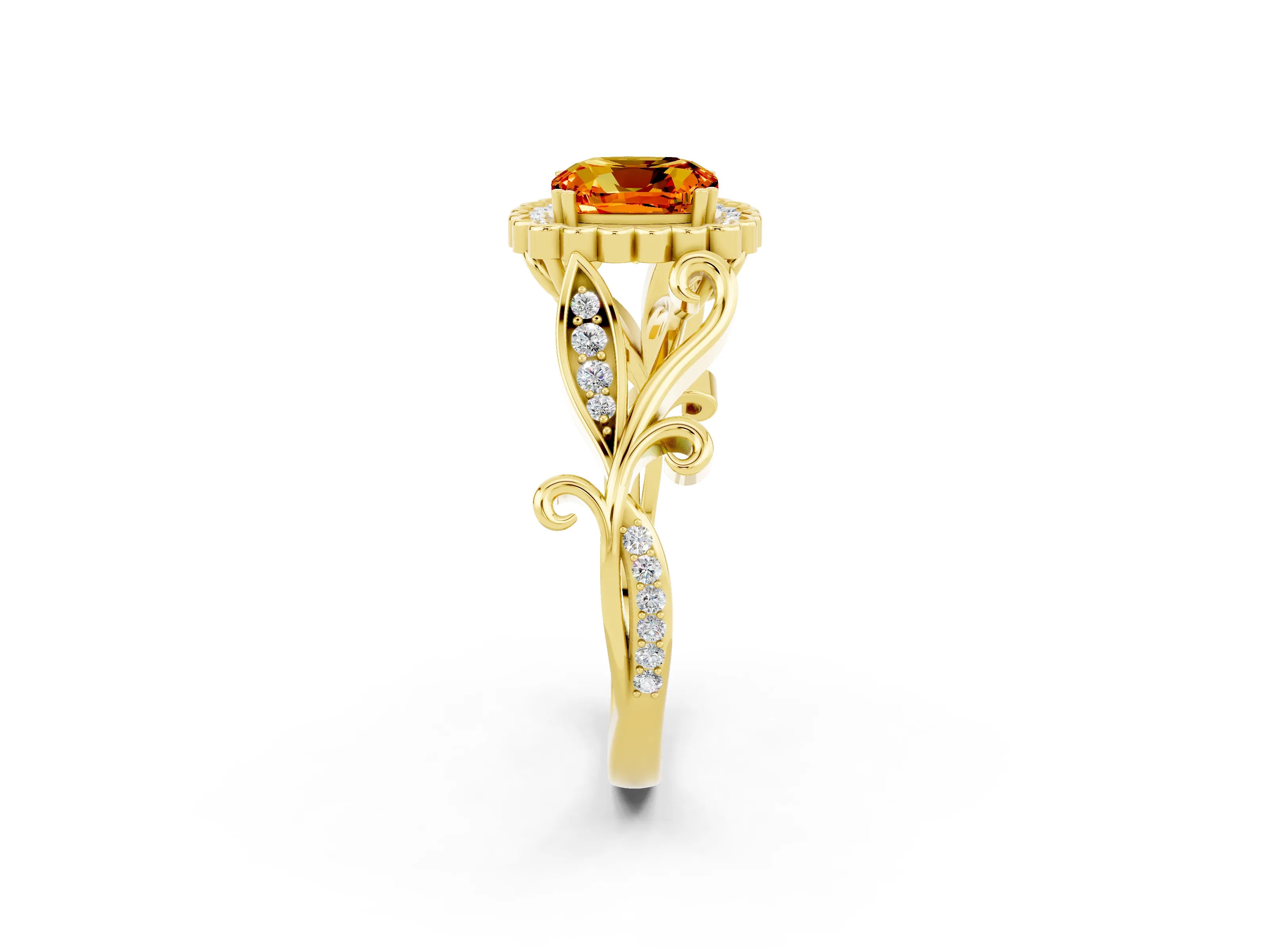 Yellow gold Cushion Cut Citrine Halo Ring with Vintage Split Shank and Four-Prong Setting_2