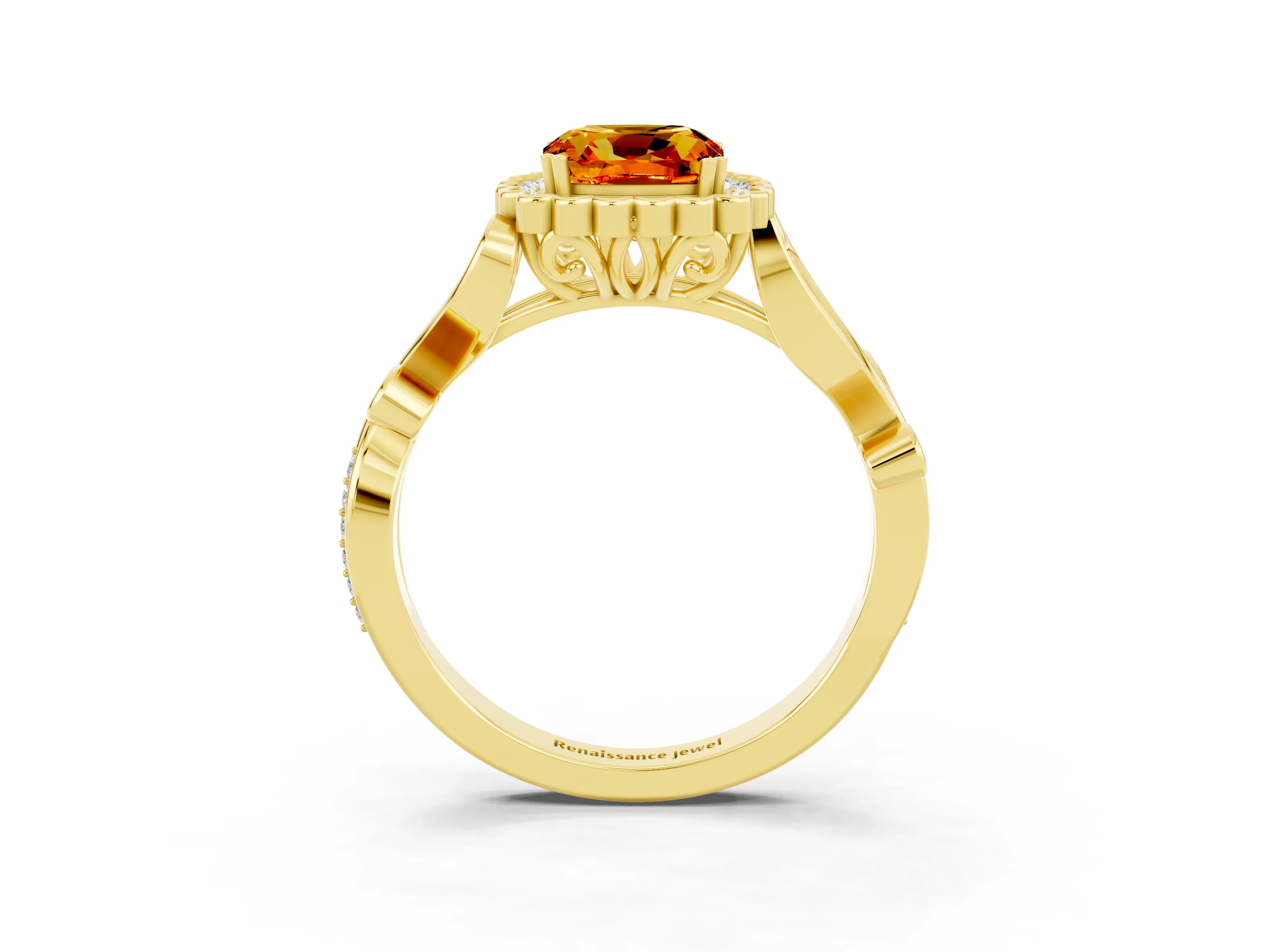 Yellow gold Cushion Cut Citrine Halo Ring with Vintage Split Shank and Four-Prong Setting_3
