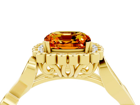 Yellow gold Cushion Cut Citrine Halo Ring with Vintage Split Shank and Four-Prong Setting_4
