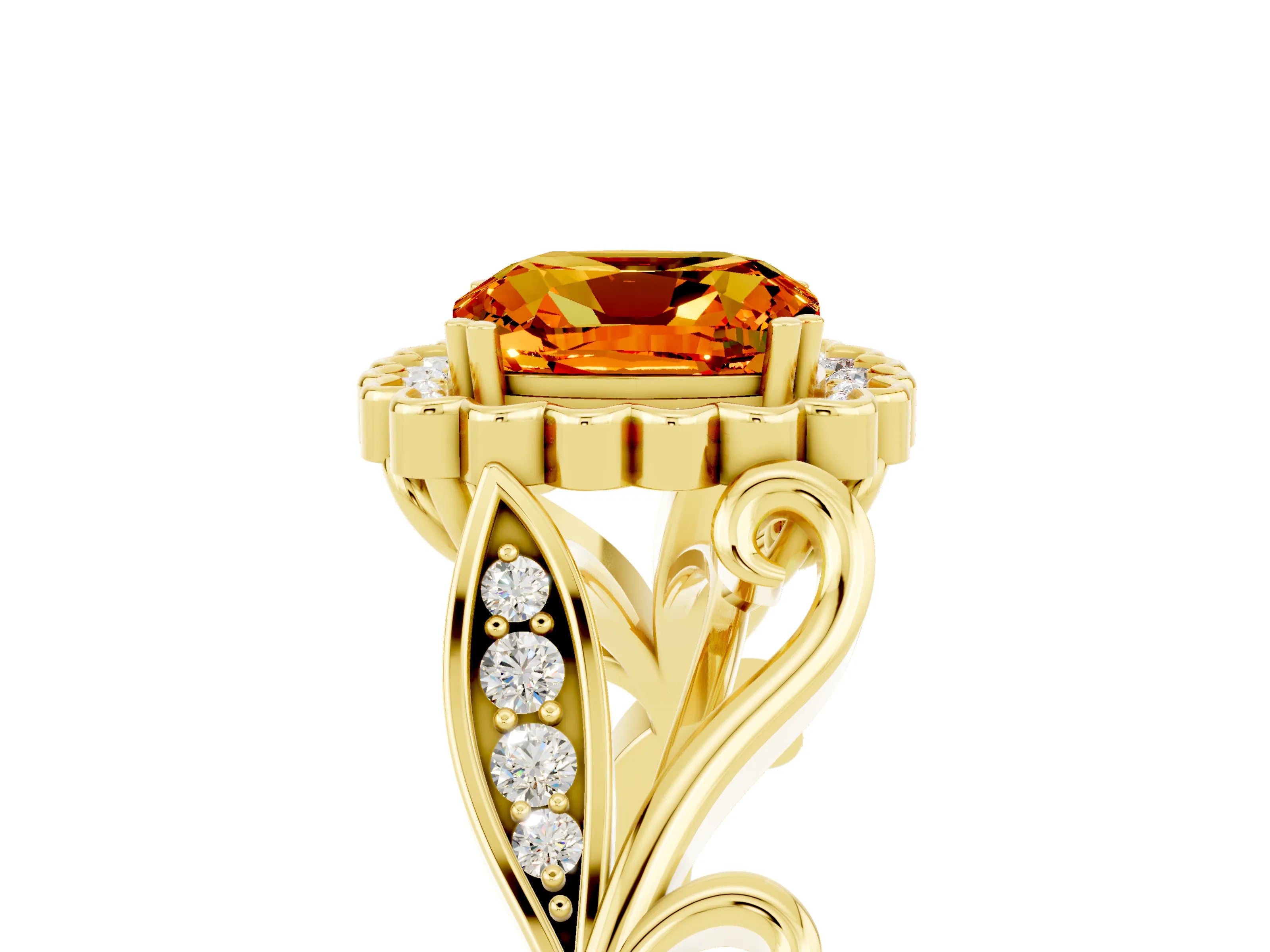 Yellow gold Cushion Cut Citrine Halo Ring with Vintage Split Shank and Four-Prong Setting_5