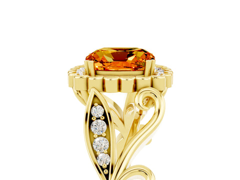Yellow gold Cushion Cut Citrine Halo Ring with Vintage Split Shank and Four-Prong Setting_5