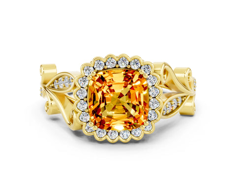 Yellow gold Cushion Cut Citrine Halo Ring with Vintage Split Shank and Four-Prong Setting