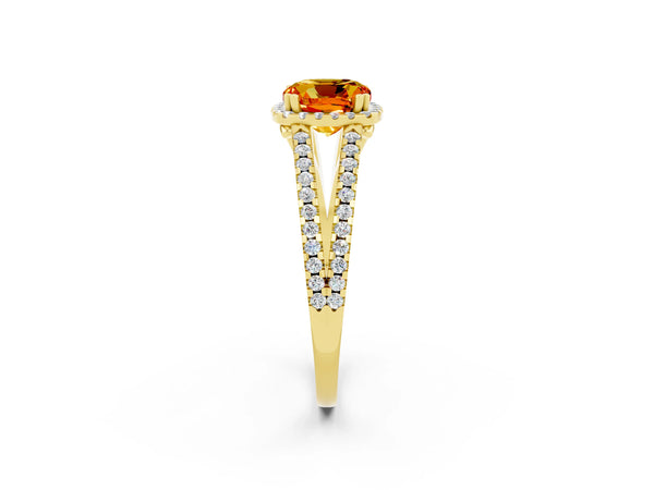 Yellow gold Cushion Cut Citrine Halo Split Shank Engagement Ring