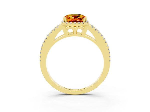 Yellow gold Cushion Cut Citrine Halo Split Shank Engagement Ring