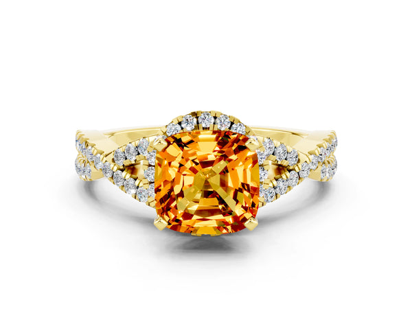 Yellow gold Cushion Cut Citrine  Halo Twist Band Solitaire Prong Setting Ring