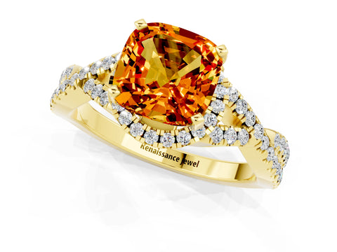 Yellow gold Cushion Cut Citrine Halo Twist Band Solitaire Prong Setting Ring_1