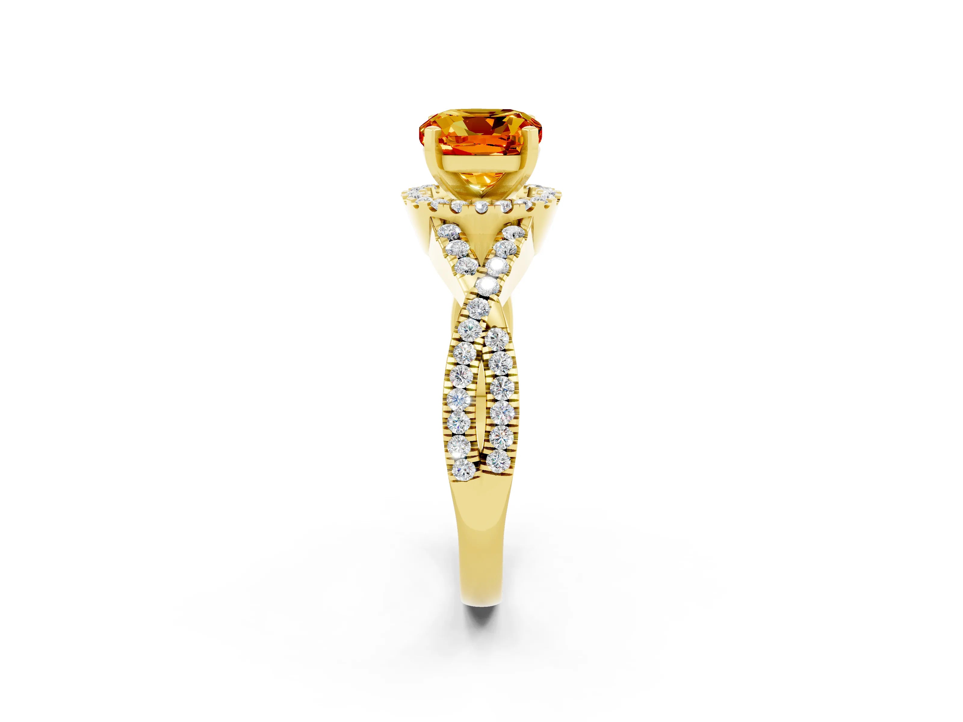 Yellow gold Cushion Cut Citrine Halo Twist Band Solitaire Prong Setting Ring_2