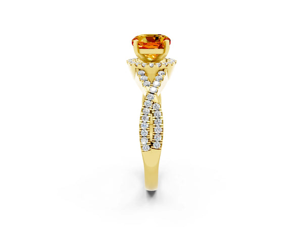 Yellow gold Cushion Cut Citrine  Halo Twist Band Solitaire Prong Setting Ring