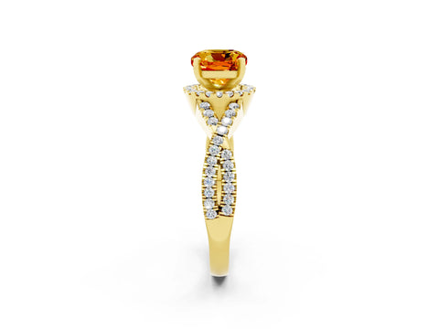 Yellow gold Cushion Cut Citrine Halo Twist Band Solitaire Prong Setting Ring_2